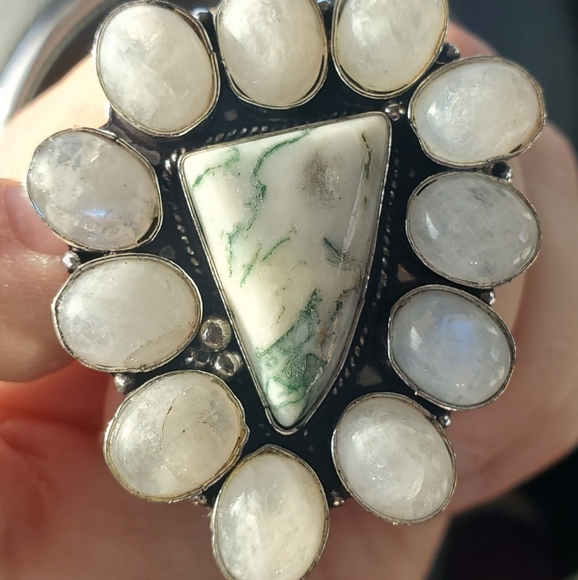 New Huge Tree Agate & Rainbow Moonstone 925 Silver Statement Ring. - Picture 10 of 13